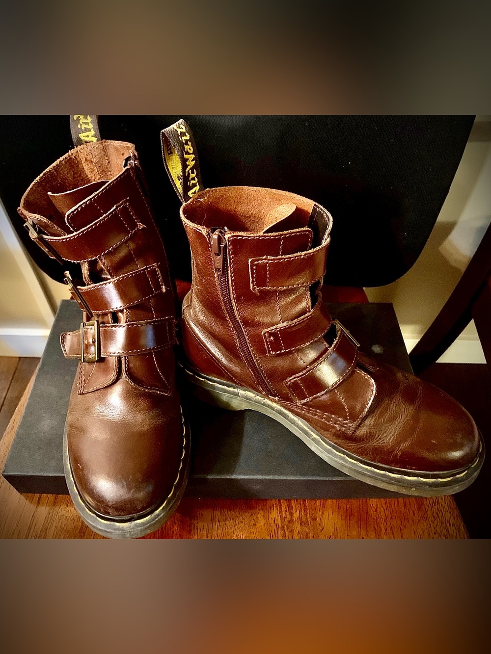 Dr. Martens Brown Leather Combat Boots with Buckle Straps